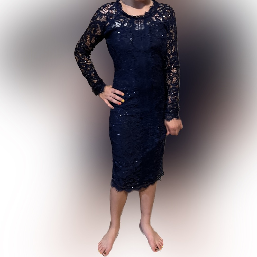 Gorgeous Sequin Hearts Navy Blue Eyelash Lace Dress